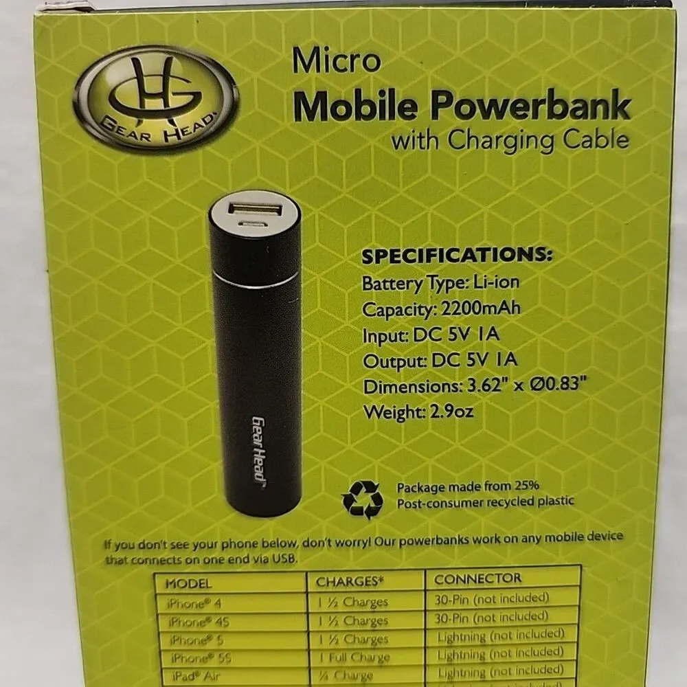Powerbank Pocket-Size 2200mAh Mobile PB2200BLK w/USB Charging Cable Gear Head